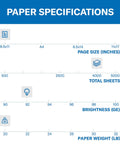 Paper specifications chart showing 8.5x11 inches, 4000 sheets total, 92 brightness, and 20lb weight for Top-Tier Jam-Slaying 8.5X11 Paper 20Lb Copy Sheet Bulk Carton 8 Ream 4000 Sheet Pack 92 Bright White Real Deal Office Staple Made In Usa For Super Crisp Smooth Sailing Prints.
