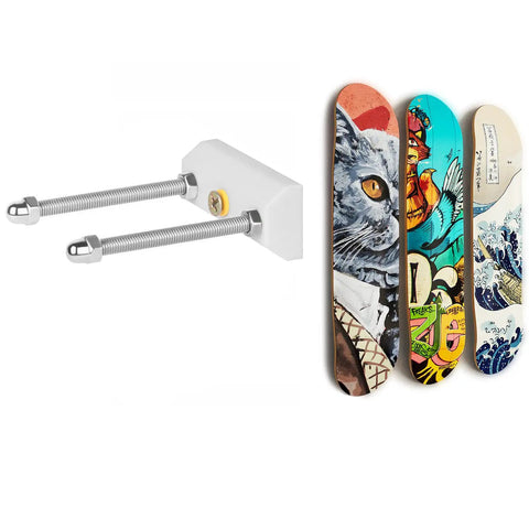 Skateboard Deck Display Wall Mount For Hanging And Showing Off Your Board Fits Most Decks With 1.625 Inch Truck Holes Easy Install Wall Art And Decor For Skaters 1 Pack with three skateboards and mounting hardware