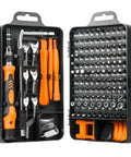 Get Ready For Any DIY Job With This Heavy Duty 135 Piece Ratcheting Wrench And Screwdriver Set Featuring Magnetic Bits Torx Heads And Orange Grip For Home Auto Maintenance Tasks open case with orange-handled ratchet wrench and bits