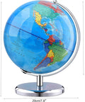 8 Inch Blue World Globe With Stainless Steel Stand, Rotating Earth Spinning Globe For Kids, Classroom Geography Learning Tool
