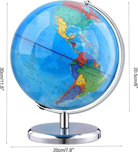 8 Inch Blue World Globe With Stainless Steel Stand, Rotating Earth Spinning Globe For Kids, Classroom Geography Learning Tool
