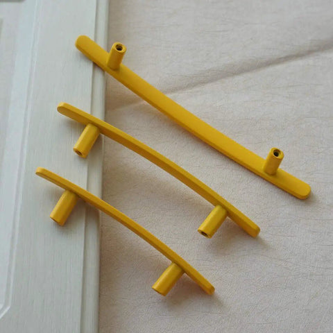 Bright Yellow Zinc Alloy Drawer Pulls For Kitchen Cabinets And Dressers With Multiple Hole Centers Like Three Inches For A Totally Sweet Upgrade On Any Home Furniture Makeover Today, three sizes displayed.