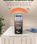 Filament Dryer Box Pro With 360 Degree Heating And Fan displaying adjustable temperature range for PLA, PETG, ABS, TPU filaments