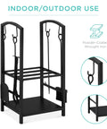 Five Piece Wrought Iron Firewood Storage Rack with All-In-One Tool Set, black, showing shelves and hooks, indoor/outdoor use.