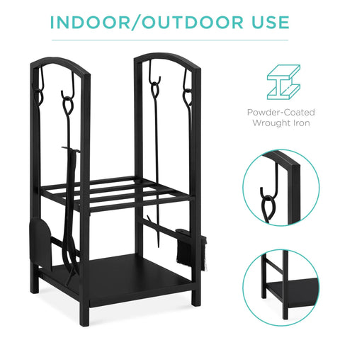 Five Piece Wrought Iron Firewood Storage Rack with All-In-One Tool Set, black, showing shelves and hooks, indoor/outdoor use.