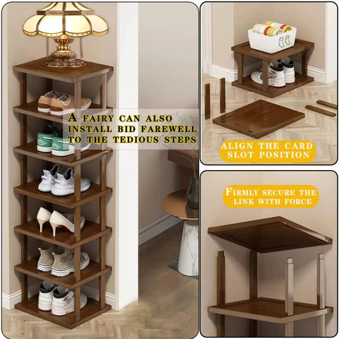 Slim 5 Tier Bamboo Shoe Rack For Small Spaces Tall Narrow Organizer showcasing assembly and stacked with shoes