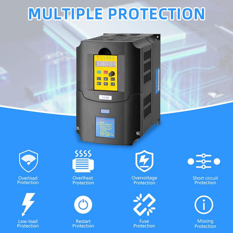 Beefed Up Seven Point Five KW VFD Variable Frequency Drive 220V 35A with multiple protection features displayed