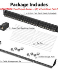 Package contents of 24 Port Pass Through Patch Panel For Rackmount Or Wall Mount 19 Inch 1U Cat6 Network Panel with components labeled