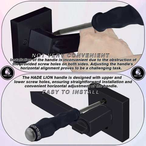 Privacy Matte Black Square Door Handles Set 6 Pack No Keys Needed, showing installation process with hands and screw adjustment.