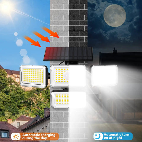 Solar Outdoor Lights Four Head Motion Sensor Flood Lights IP65 Waterproof With Remote Control 2500LM on wall charging during day