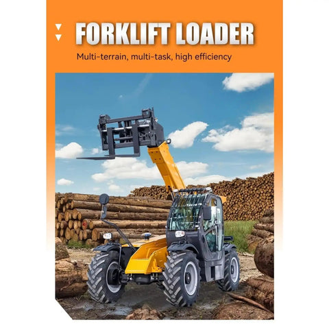 Kickass Workhorse Heavy Duty Telehandler Forklift With Long Telescopic Boom Designed For Rugged Job Site Material Handling And Rough Terrain Loading Tasks, positioned near logs.