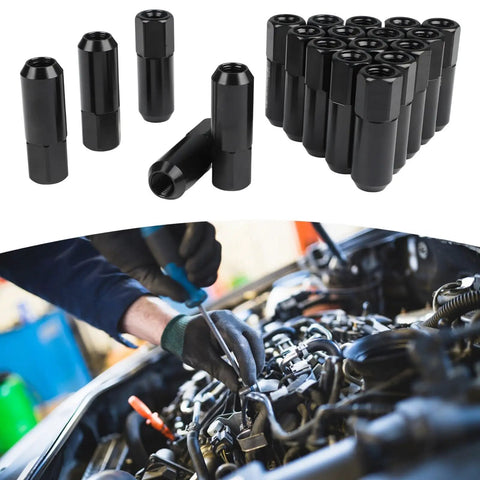Black Lightweight Aluminum M12x1.5 Wheel Nuts, 60mm Lug Screws For Truck SUV Car, 20pc Hard Anodized Hub Kit Boosts Grip And Adds That Sweet Street Ride Vibe, shown with install use