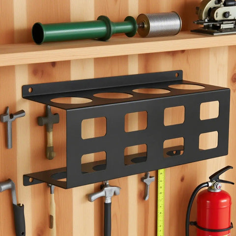Welding Electrode Storage Wall Mount Organizer with four tube rod rack, made of heavy duty steel, mounted on workshop wall.