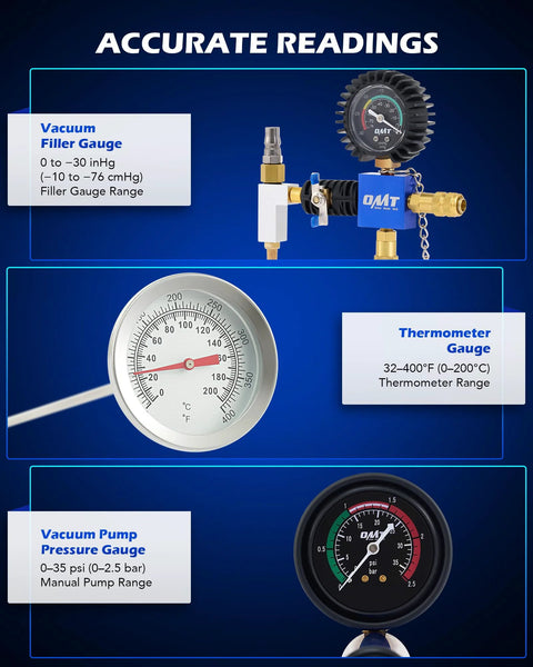 Orion Motor Tech coolant pressure tester kit, 26pc vacuum refill set with 18 radiator adapters and vacuum pump gauge.