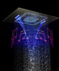 Kick Back and Unwind with This 31 Inch Rainfall Shower System Featuring Waterfall Mist Curtain Bluetooth Music Sync LED Lights.