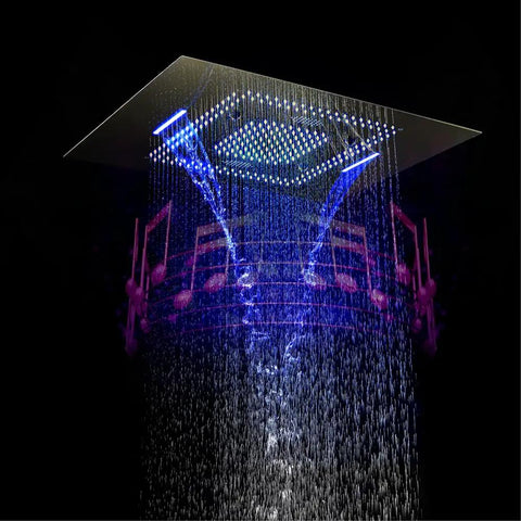 Kick Back and Unwind with This 31 Inch Rainfall Shower System Featuring Waterfall Mist Curtain Bluetooth Music Sync LED Lights.
