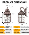 Industrial Outdoor Wall Light Fixtures Set Of 2 With Water Ripple Glass dimensions and specifications chart