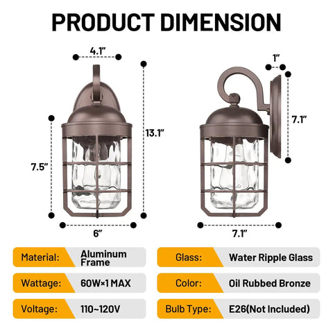 Industrial Outdoor Wall Light Fixtures Set Of 2 With Water Ripple Glass dimensions and specifications chart