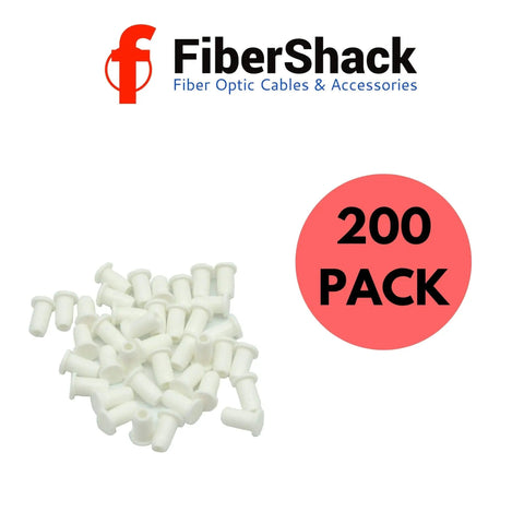 LC Fiber Optic Dust Caps 200 Pack 1.25mm Ends In Snap Lock Case displayed with FiberShack logo.