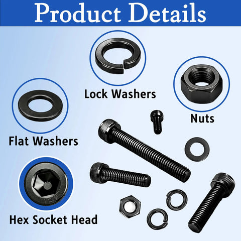795Pcs M3 Screws Kit With Hex Socket Head Bolts, Nuts, And Washers M3x10 12 14 16 20 25 30 40mm, 12.9 Alloy Steel Black Zinc Plated Ideal For DIY Projects And 3D Printer Builds. Flat washers, lock washers, nuts, and hex socket bolts