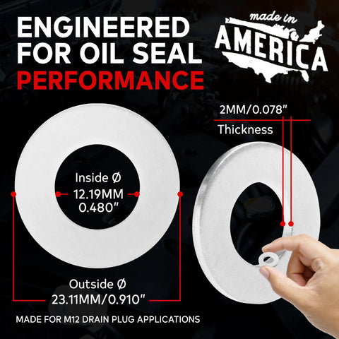 Made In USA M12 Oil Drain Plug Crush Washer Set, 20 Pack Aluminum Gasket Seals For Infiniti, Lexus, Nissan, Toyota And More, 12mm Crush Washers For Precise Oil Tight Seals And Durable Performance. M12 aluminum oil drain plug washer shown with 23.11mm outer and 12.19mm inner diameter
