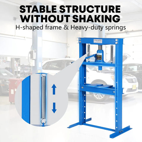 Solid 12 Ton Heavy Duty Hydraulic H Frame Shop Press With Adjustable Table Steel Frame And Plates showcasing stable H-frame structure.