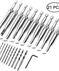 Front view of 21-piece center drill bit set with hex key; replacement bits included; sizes 5/64 in to 1/4 in and 5 mm.