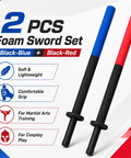 2 Pack Foam Swords 35 Inch Padded Bokken Samurai Swords For Cosplay Prop And Sparring Training, blue and red handles shown