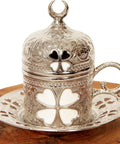 Porcelain cup with silver lid from Turkish Coffee And Espresso Set With Copper Pot And Tray, 13 Piece Full Serving Kit