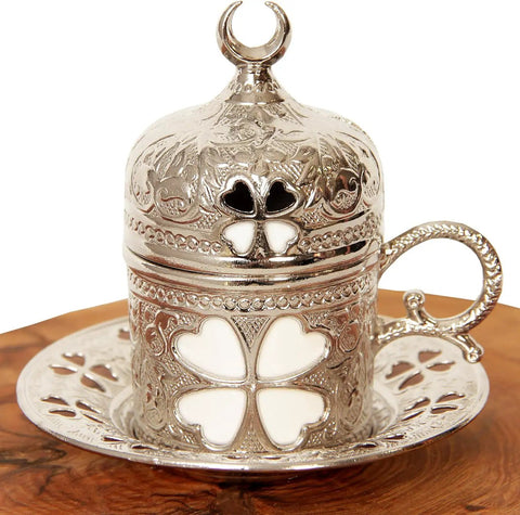 Porcelain cup with silver lid from Turkish Coffee And Espresso Set With Copper Pot And Tray, 13 Piece Full Serving Kit