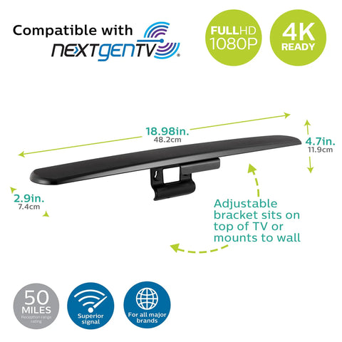 Hover Amplified HD Digital TV Antenna For Long Range Reception And Top Of TV Mount No Fuss Install 4K 1080P VHF UHF Signal