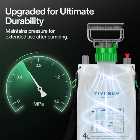 1 Gallon Garden Sprayer With 3 Nozzles For Plants Weeds And Lawn Care showing pressure gauge and upgraded durability features.