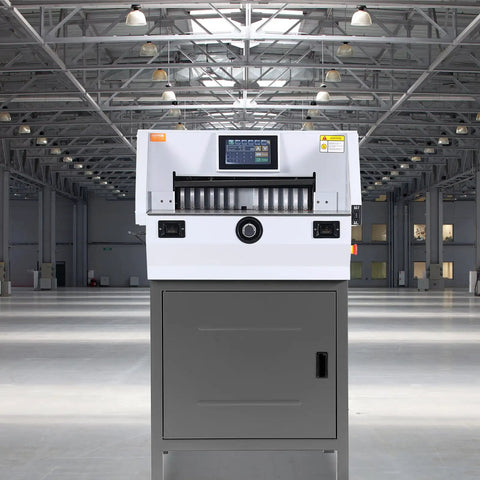 VEVOR Heavy Duty Electric Paper Cutter With 19 Inch Cutting Width and 3 Inch Depth Cuts Up To 800 Sheets Effortlessly Front view in a spacious environment.