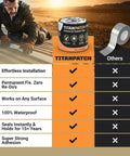 Comparison chart of TitanPatch Waterproof Sealant Tape showing features like waterproof, strong adhesion, and durability versus others.