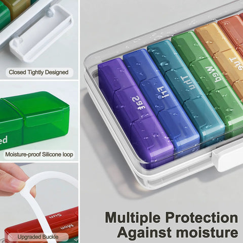 CTIME 4-Tier XL medicine organizer; clear plastic case with colorful daily pill blocks and strap handle.