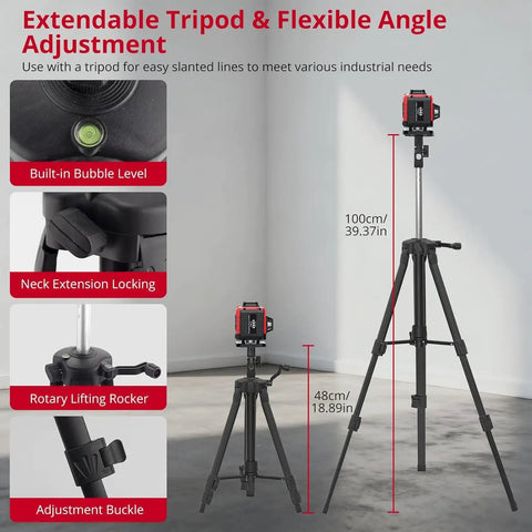 Heavy Duty 12 Line Green Laser Level With Slick Remote Control And Sturdy Triangle Bracket For Instant Self Leveling Up To Ninety Eight Feet Zero Guesswork For Drywall Installation And Deck Building on extendable tripod with adjustable height.