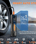 Portable Tire Inflator Cordless Air Pump With Auto Shut Off And 150 PSI Capacity Digital LCD Display next to car tire