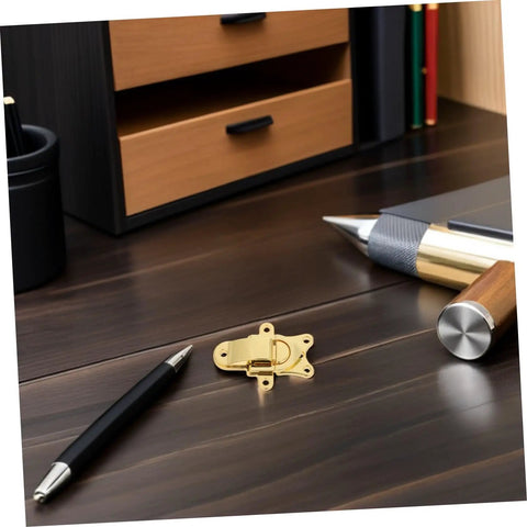 Cool Vintage Duckbill Hasp Latches For Secure Wooden Boxes And Storage Lockers on a desk with pens.
