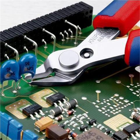 Electronics Flush Cutters 5 Inch Ultra Sharp Precision Pliers cutting wires on a circuit board