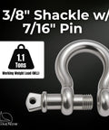 316 Stainless Steel Bow Shackle With Oversized Screw Pin For Anchor And Tow Recovery Off Road Use 3/8 Inch Size With 7/16 Inch Pin, 1.1 tons WLL
