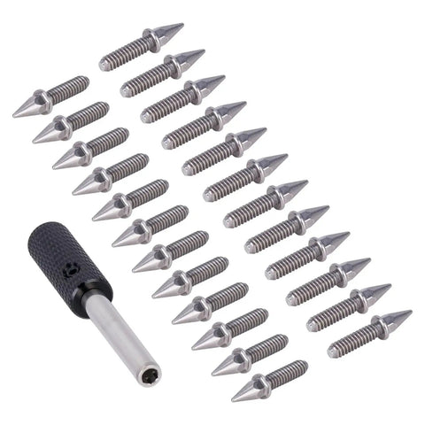 Beefed-Up RC Car Repair Kit With 24-Piece Hex Socket Screws, Spiked Hexagon Bolts And Screwdriver For SCX10 D90 And TRX4, Fits 1/10 And 1/8 Scale, Durable Metal Upgrade Parts For Secure Wheel Hubs And Suspension. Metal spiked hex screws with driver on white background