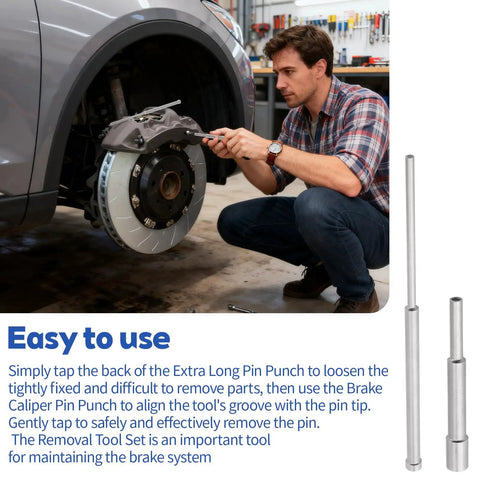 Steel Pin Punch Set With 3/16 Inch Extra Long Pin Punch used in automotive brake caliper, showing tools' durability and utility.