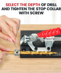 Adjusting drill depth on Pro Grade Pocket Hole Jig System With Portable Base Adjustable Metal Pocket Screw Jig for woodworking.