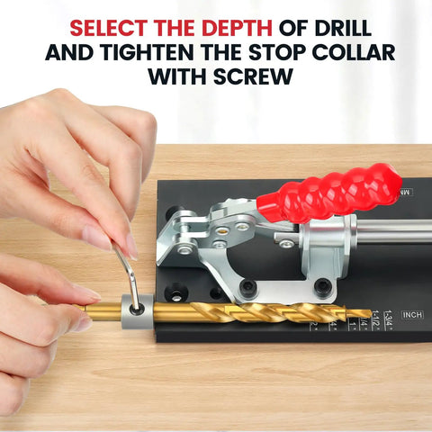 Adjusting drill depth on Pro Grade Pocket Hole Jig System With Portable Base Adjustable Metal Pocket Screw Jig for woodworking.