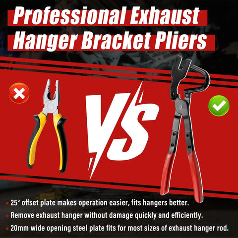 Sporthfish exhaust hanger removal tool, front view; steel pliers with red/black handles, 25° offset design
