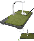 Golf Swing Trainer With 5 Height Adjustments for Indoor Practice, featuring portable iron and club swing mat for training.