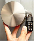 Heavy Duty Bulletproof Door Knob Lock Cover With Combo Padlock, stainless steel, blocking handle, held by hand.