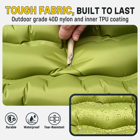 Ultralight Camping Pad With Built In Pump Waterproof Air Mattress showcasing durable 40D nylon and waterproof surface in close-up.