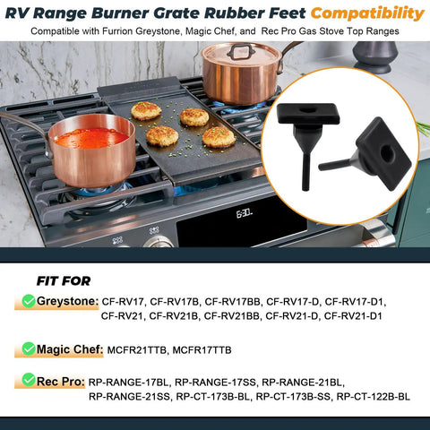 RV Stove Grate Feet Bumpers 20 Pack Heavy-Duty Rubber Feet Replacement for Gas Range Grates and Oven Racks, two feet close-up