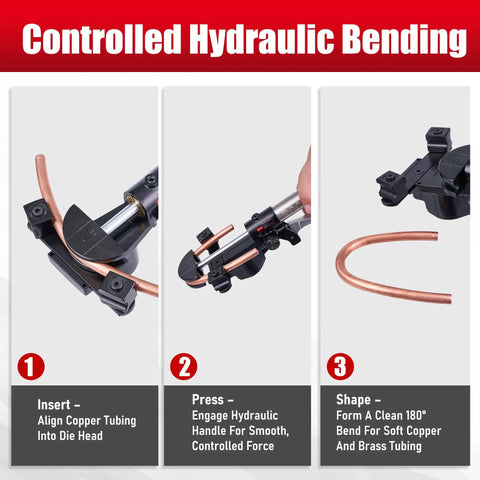 Rgvoc Hydraulic Tubing Bender Kit For 1/4 To 7/8 Inch Copper And Brass Pipe With 180 Degree Bend Tool in action, bending copper tubing.